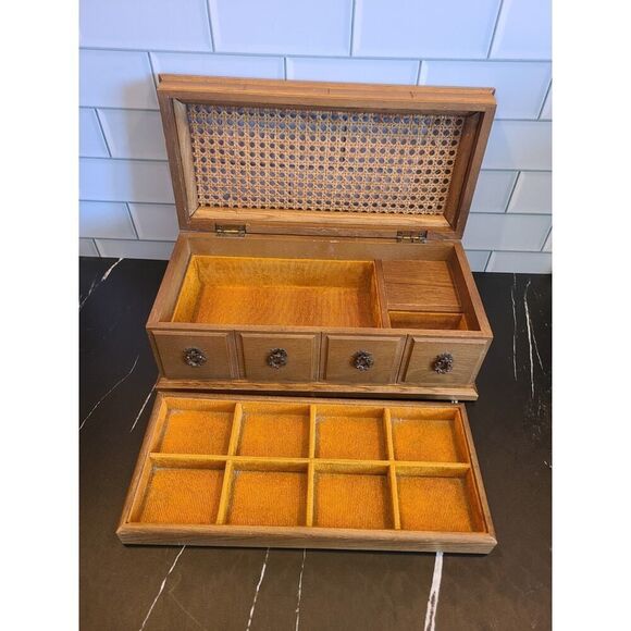 Vintage Mele Wooden Jewelry Dresser Music Box Cane Top Chest Boho Décor *FLAW* - Picture 4 of 16